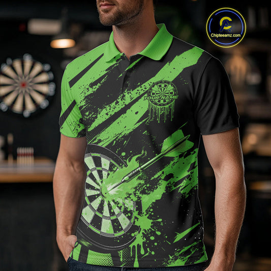 Custom Grunge Black And Green Dart Jerseys, Flame Dart Tip Hit Bullseye Men Polo Shirt IPHW10061
