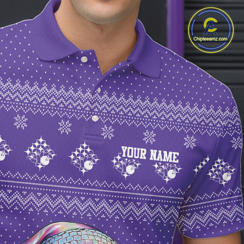 Custom Funny Santa Christmas Men Bowling Polo Shirts, Purple Xmas Bowling Team Outfit IPHW10141