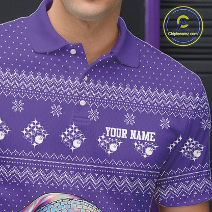 Custom Funny Santa Christmas Men Bowling Polo Shirts, Purple Xmas Bowling Team Outfit IPHW10141