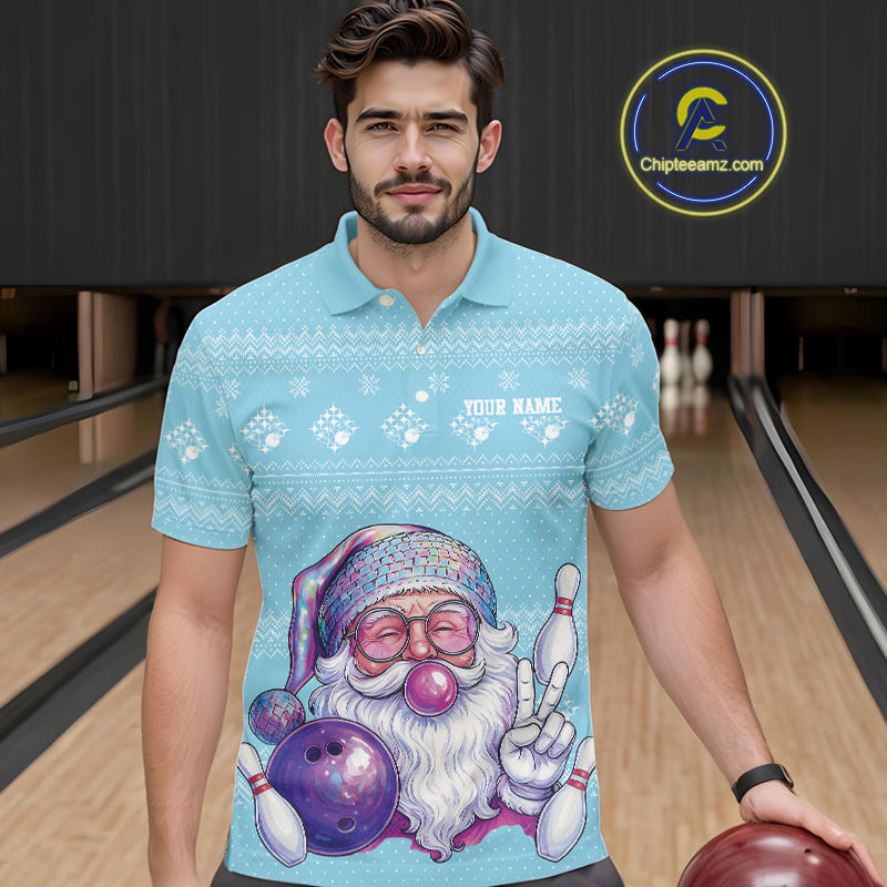 Custom Funny Santa Christmas Men Bowling Polo Shirts, Light Blue Xmas Team Outfit IPHW10142