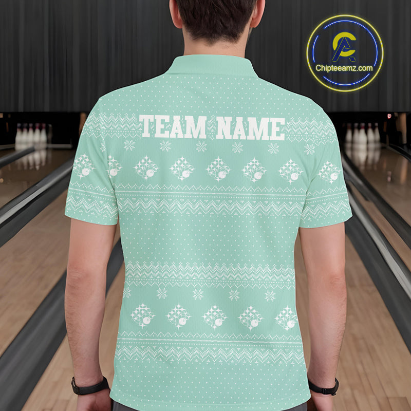 Custom Funny Santa Christmas Men Bowling Polo Shirts, Mint Green Xmas Team Outfit IPHW10143