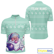 Load image into Gallery viewer, Custom Funny Santa Christmas Men Bowling Quarter-Zip Shirts, Mint Green Xmas Team Outfit IPHW10143