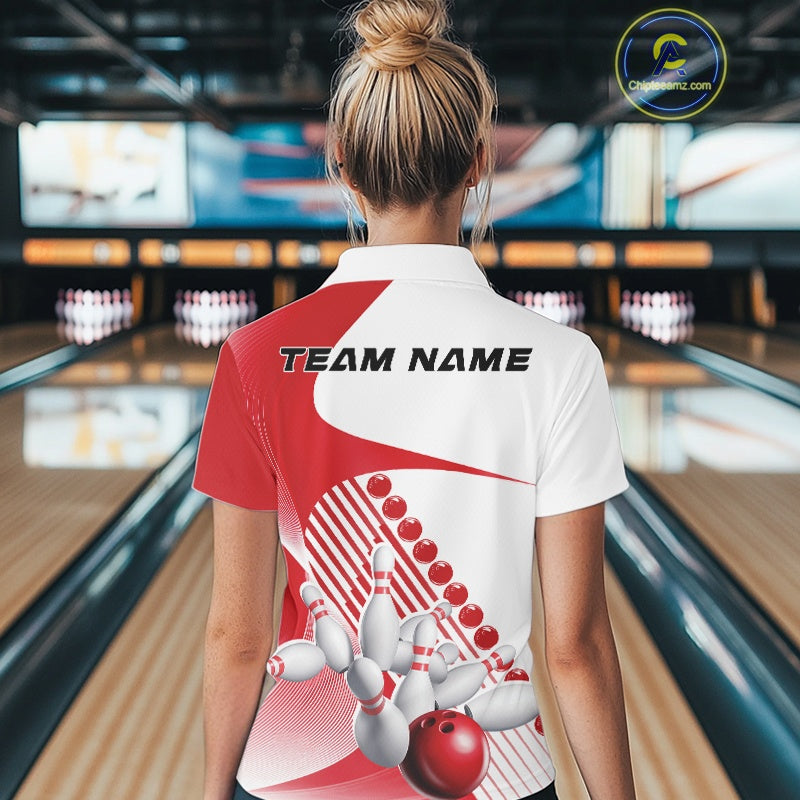 Back view of a female model in a bowling venue wearing a white and red polo shirt, showcasing asymmetric stripe patterns and dynamic bowling action graphics.