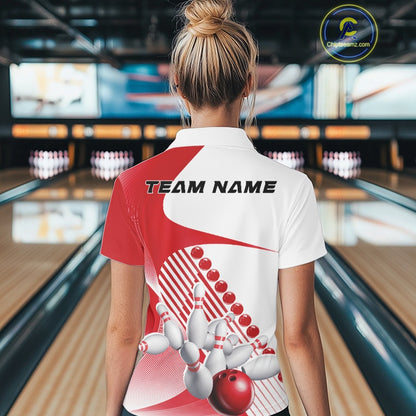Back view of a female model in a bowling venue wearing a white and red polo shirt, showcasing asymmetric stripe patterns and dynamic bowling action graphics.
