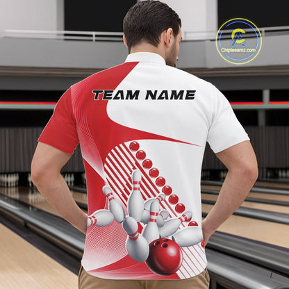 Male model in a bowling alley wearing a white and red quarter zip shirt, featuring dynamic geometric stripes and a bowling strike illustration.