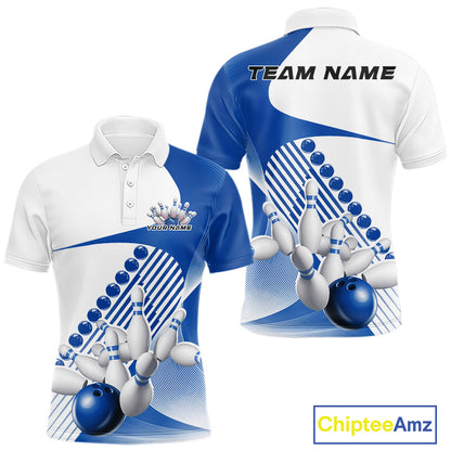Front and back view of a mens bowling polo shirt mockup in white and blue, featuring asymmetric wavy geometric stripes with a dynamic bowling strike design.