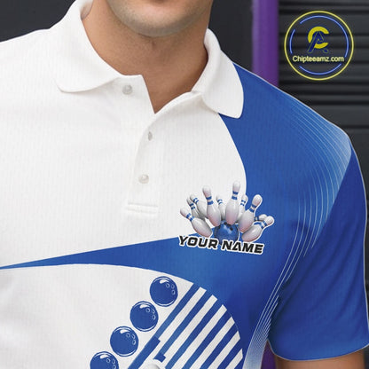 Close-up of the left chest area of a white and blue bowling polo shirt, featuring a dynamic bowling strike graphic with wavy geometric stripes.