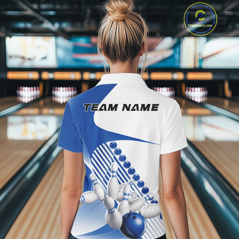 Back view of a female model in a bowling lane wearing a white and blue polo shirt, showcasing wavy geometric stripe design with bowling action graphics.