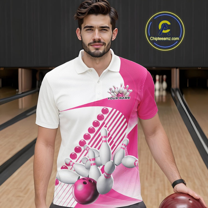 Male model in a bowling alley wearing a white and pink polo shirt with wavy geometric stripe accents and a bowling strike graphic.