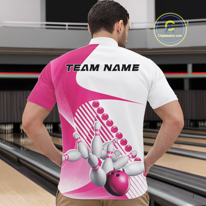Male model in a bowling alley wearing a white and pink quarter zip shirt with flowing geometric stripes and a bowling ball striking pins design.