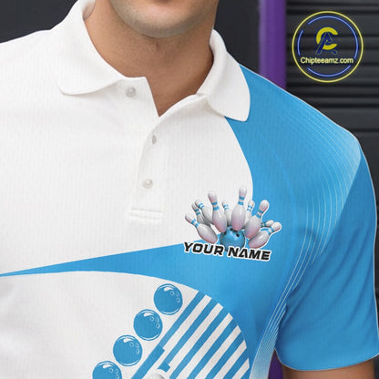 Close-up of the left chest area of a white and light blue bowling polo shirt, featuring asymmetric wavy geometric stripe design with bowling action graphic.