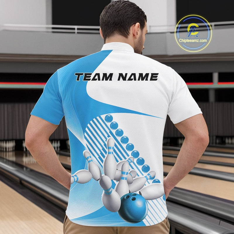 Male model in a bowling alley wearing a white and light blue quarter zip shirt, showcasing asymmetric wavy geometric stripes with bowling action graphics.