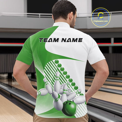 Male model in a bowling lane wearing a white and green quarter zip shirt with asymmetric wavy stripes and a bowling action graphic.