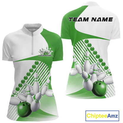 Front and back mockup of a women s white and green bowling quarter zip featuring asymmetric wavy geometric stripes and a dynamic bowling strike graphic.