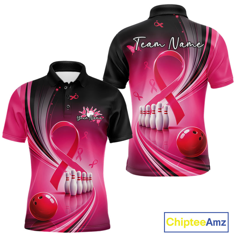 Men's black and pink bowling polo mockup shown front and back with breast cancer awareness ribbon artwork and bowling graphics