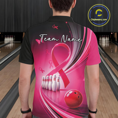 Back view of a male model wearing a black and pink bowling polo with breast cancer awareness ribbons and bowling graphics