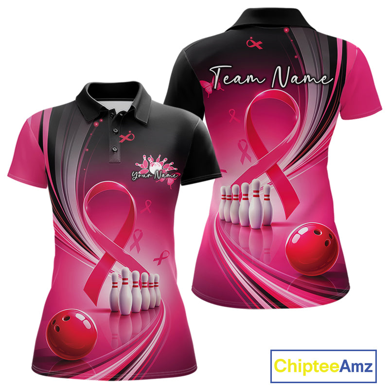 Front and back mockup of a women's black and pink bowling polo with breast cancer awareness ribbon artwork and bowling graphics