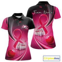 Load image into Gallery viewer, Front and back mockup of a women's black and pink bowling polo with breast cancer awareness ribbon artwork and bowling graphics