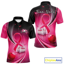 Load image into Gallery viewer, Men's black and pink bowling polo mockup shown front and back with breast cancer awareness ribbon artwork and bowling graphics
