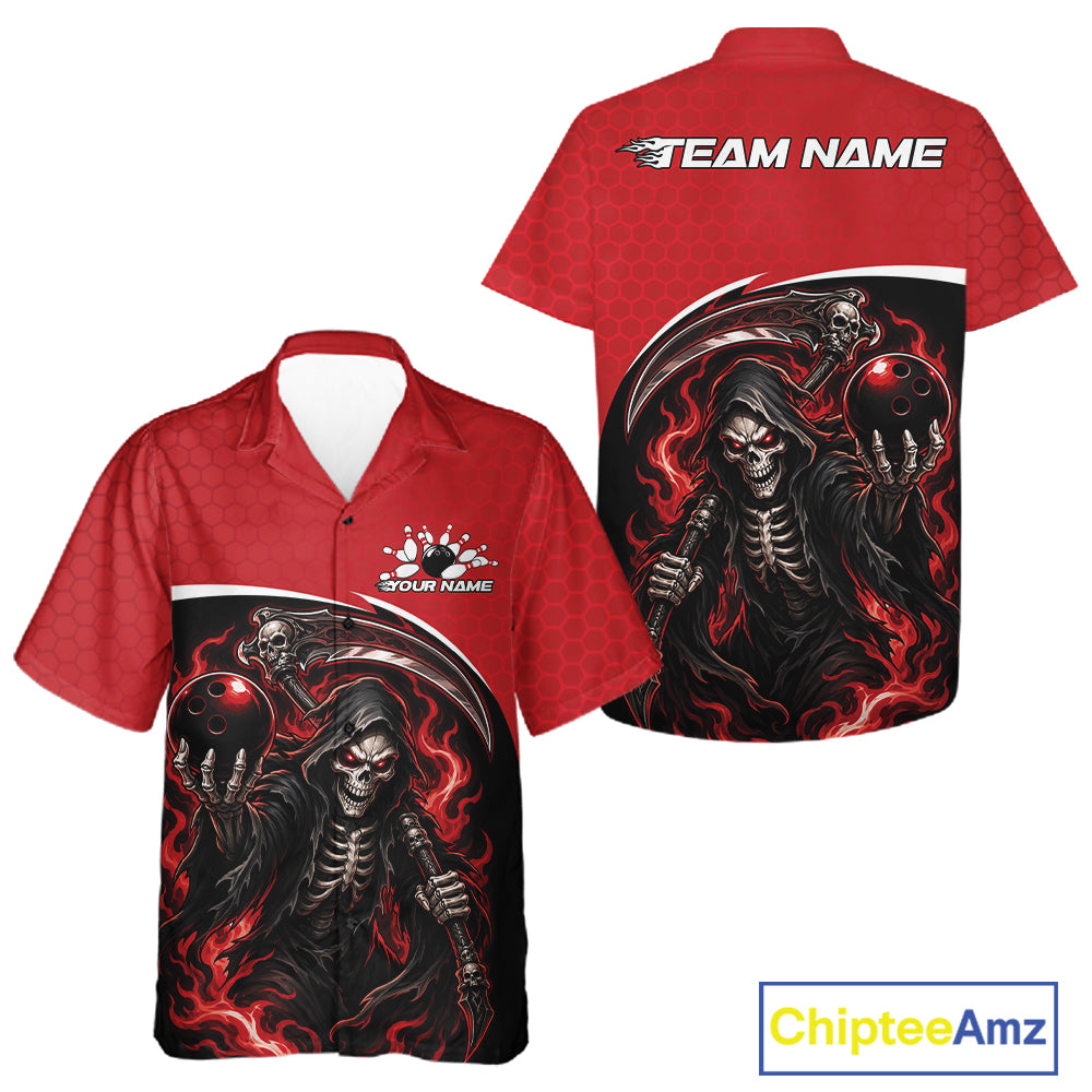 Custom Red Fire Flame Grim Reaper Skull Halloween Men And Women Bowling Hawaiian Shirt, Bowler Outfit IPHW11655