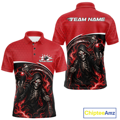 Custom Red Fire Flame Grim Reaper Skull Halloween Men Bowling Polo Shirt, Bowler Outfit IPHW11655