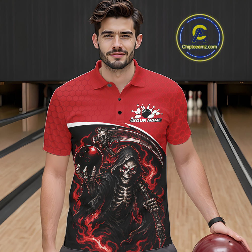 Custom Red Fire Flame Grim Reaper Skull Halloween Men Bowling Polo Shirt, Bowler Outfit IPHW11655
