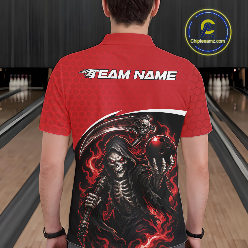 Custom Red Fire Flame Grim Reaper Skull Halloween Men Bowling Polo Shirt, Bowler Outfit IPHW11655