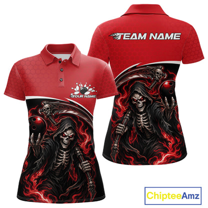Custom Red Fire Flame Grim Reaper Skull Halloween Women Bowling Polo Shirt, Bowler Outfit IPHW11655