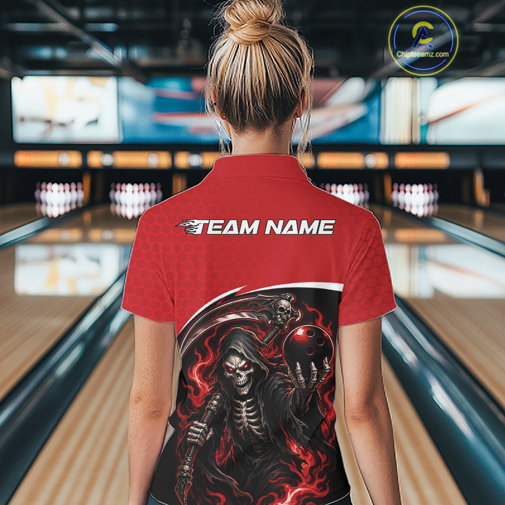 Custom Red Fire Flame Grim Reaper Skull Halloween Women Bowling Polo Shirt, Bowler Outfit IPHW11655