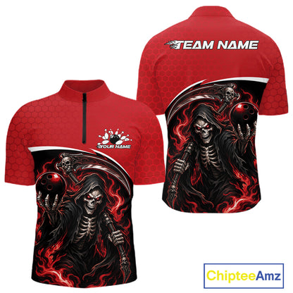 Custom Red Fire Flame Grim Reaper Skull Halloween Men Bowling Quarter Zip Shirt, Bowler Outfit IPHW11655