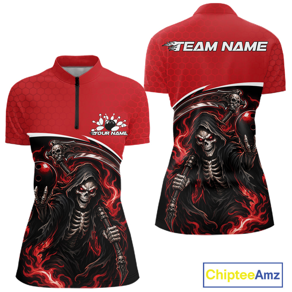 Custom Red Fire Flame Grim Reaper Skull Halloween Women Bowling Shirt, Bowler Outfit IPHW11655