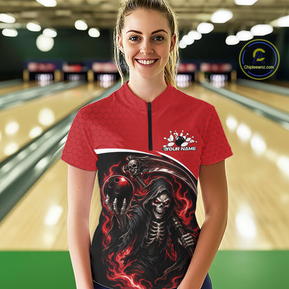Custom Red Fire Flame Grim Reaper Skull Halloween Women Bowling Shirt, Bowler Outfit IPHW11655