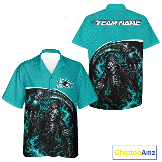 Front and back views of a teal short-sleeve button-up shirt with a black and teal grim reaper and bowling ball graphic, plus customizable 'TEAM NAME' and logo text areas