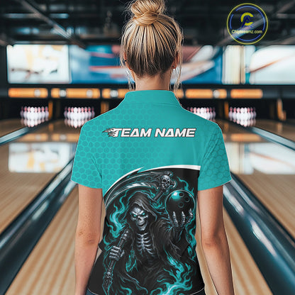 Custom Teal Blue Fire Flame Grim Reaper Skull Halloween Women Bowling Polo Shirt IPHW11656