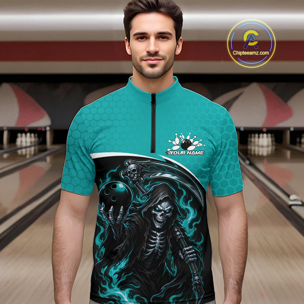 Custom Teal Blue Fire Flame Grim Reaper Skull Halloween Men Bowling Quarter Zip Shirt IPHW11656