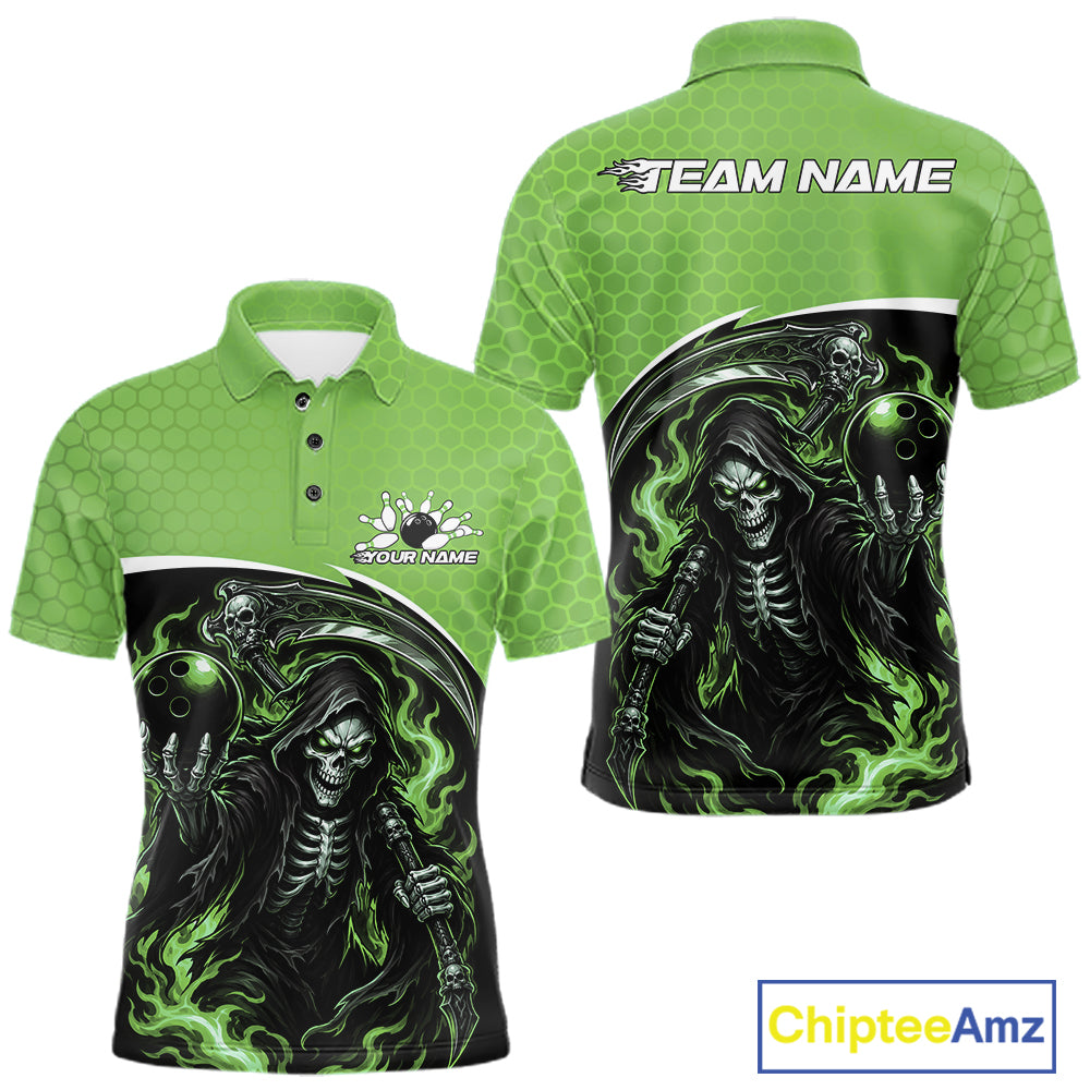Custom Green Fire Flame Grim Reaper Skull Halloween Men Bowling Polo Shirt, Bowler Outfit IPHW11657