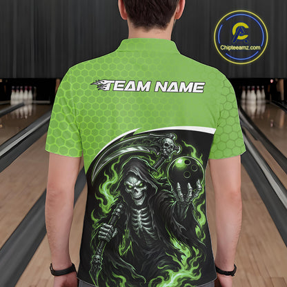 Custom Green Fire Flame Grim Reaper Skull Halloween Men Bowling Polo Shirt, Bowler Outfit IPHW11657
