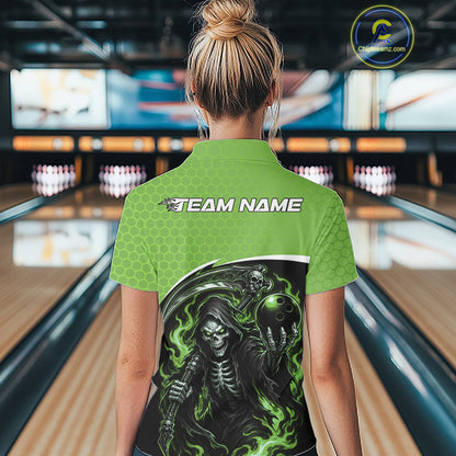 Custom Green Fire Flame Grim Reaper Skull Halloween Women Bowling Polo Shirt, Bowler Outfit IPHW11657