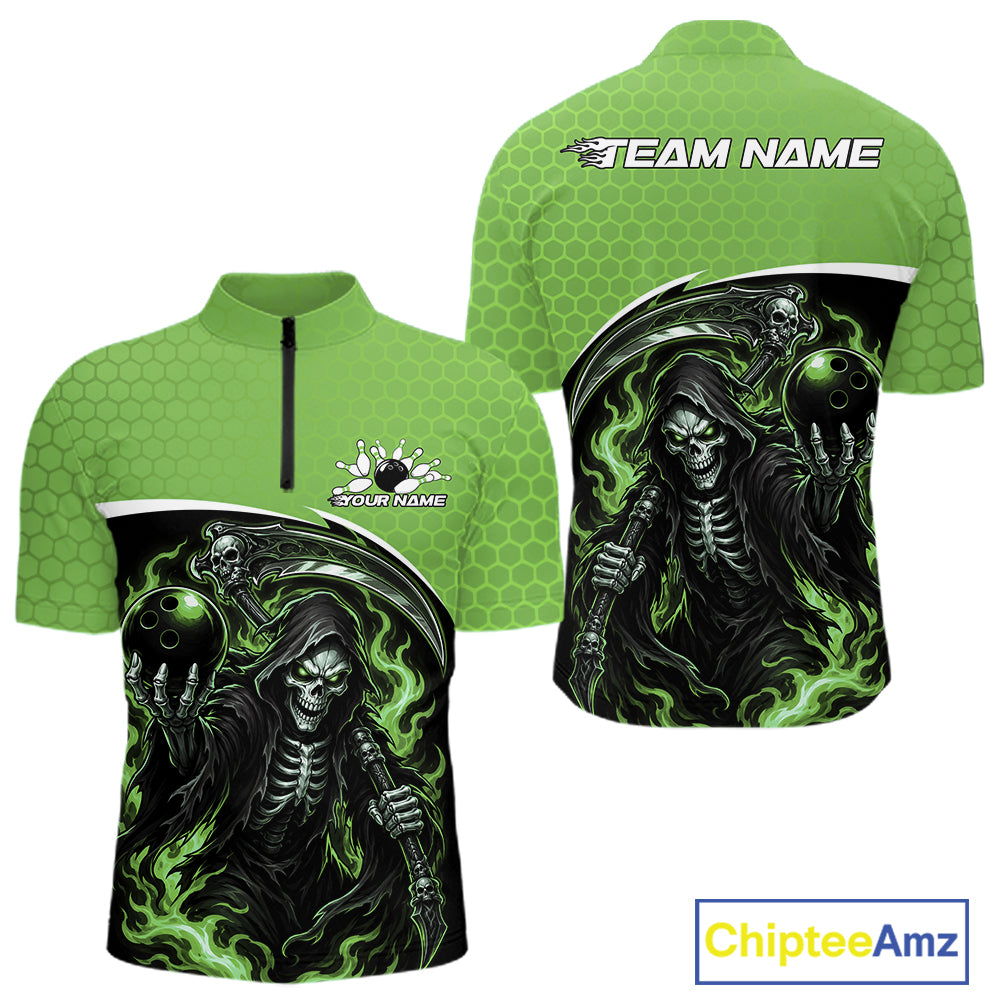 Custom Green Fire Flame Grim Reaper Skull Halloween Men Bowling Quarter Zip Shirt, Bowler Outfit IPHW11657