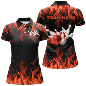 Black And Orange Custom Flame Ladies Bowling Shirts, Bowling Team Shirt Bowling Uniform IPHW7517