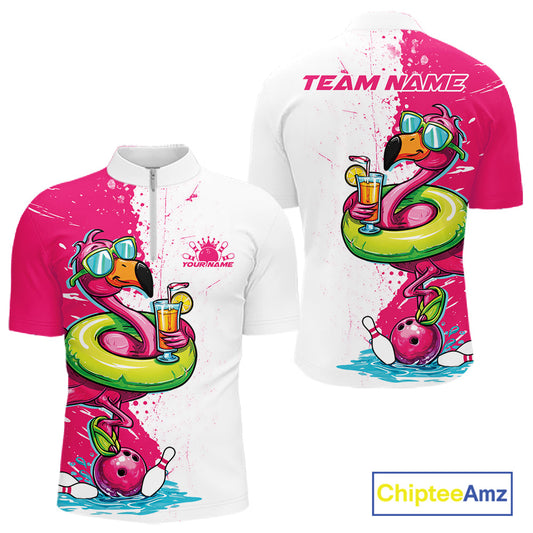 Custom Funny Flamingo Bowling Men Quarter-Zip Shirt, Flamingo Bowling Tourmanent Shirt IPHW10266