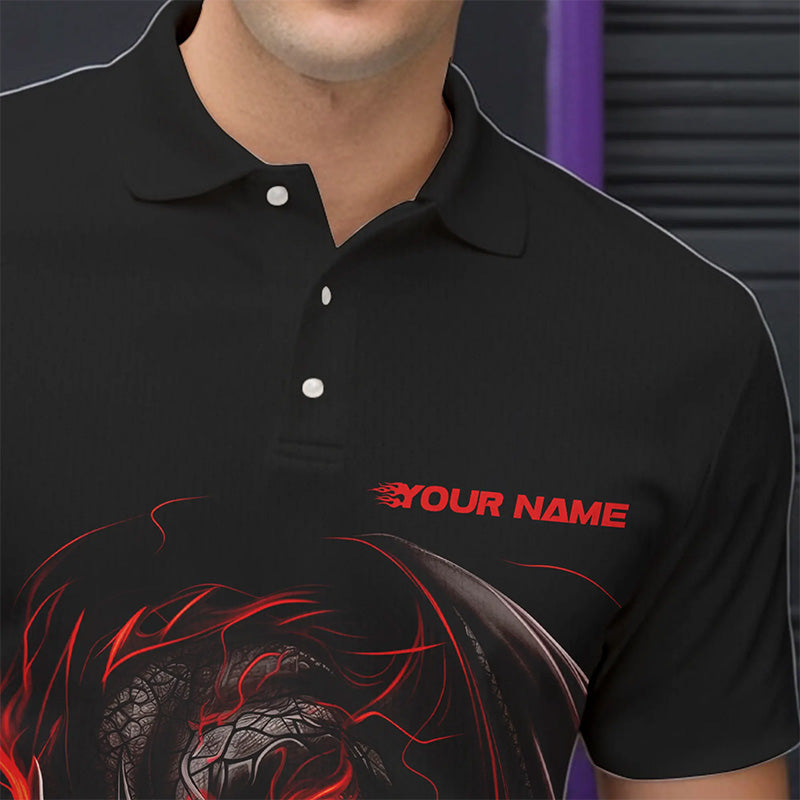 Custom Black And Red Dragon Bowling Polo Shirts For Men, Dragon Bowling Tournament Team Shirt IPHW8418