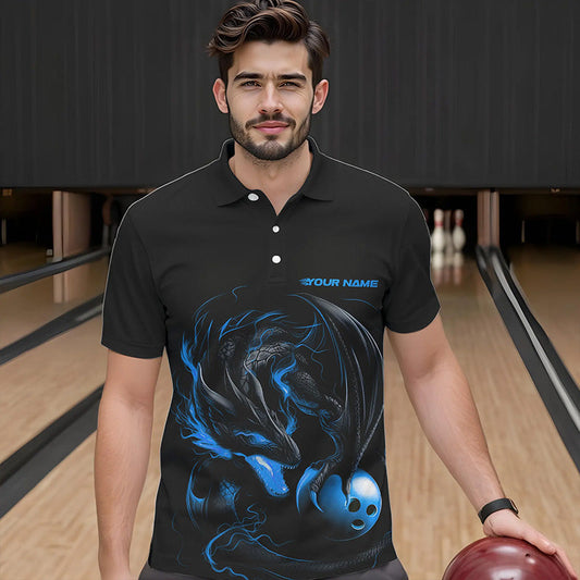 Custom Black And Blue Dragon Bowling Polo Shirts For Men, Dragon Bowling Tournament Team Shirt IPHW8419