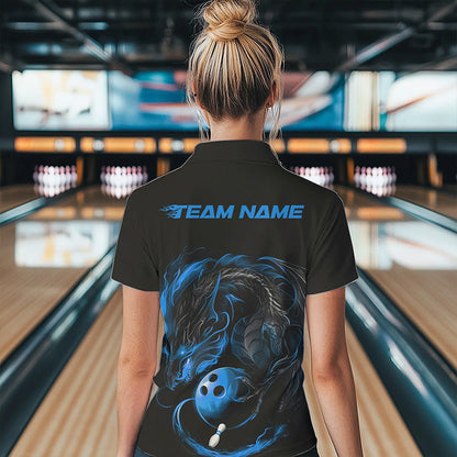 Custom Black And Blue Dragon Womens Bowling Polo Shirts, Bowling Tournament Team Shirt IPHW8419