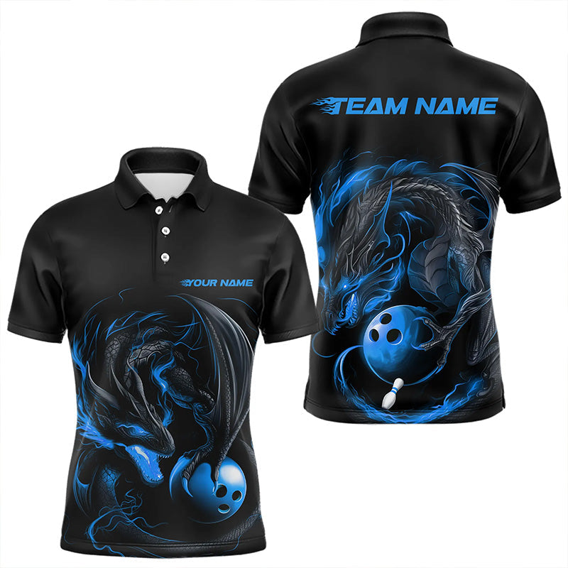 Custom Black And Blue Dragon Bowling Polo Shirts For Men, Dragon Bowling Tournament Team Shirt IPHW8419