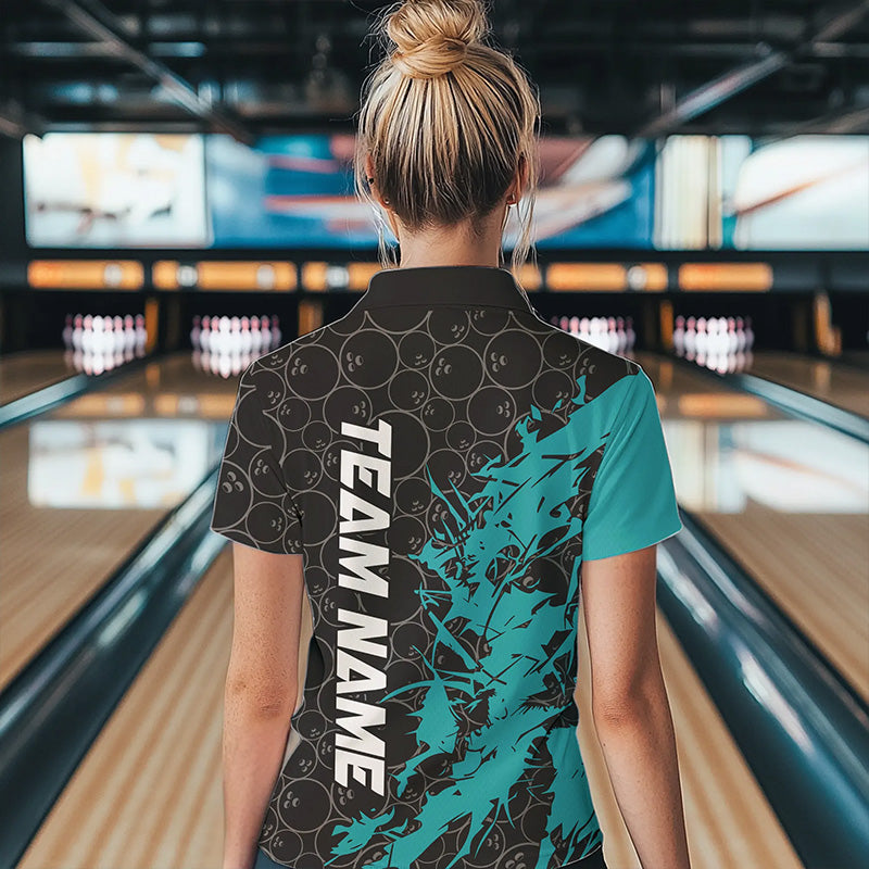 Black And Blue Custom Bowling Tournament Polo Shirts For Women, Bowling Pattern Team Jerseys IPHW8420