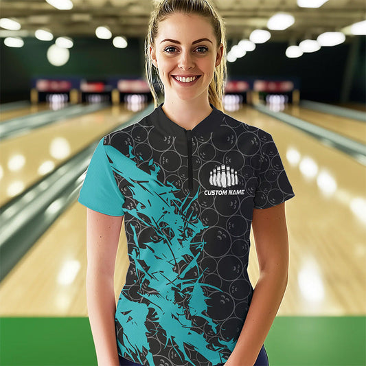Black And Blue Custom Bowling Tournament Womens Quarter-Zip Shirts, Bowling Team Jerseys IPHW8420