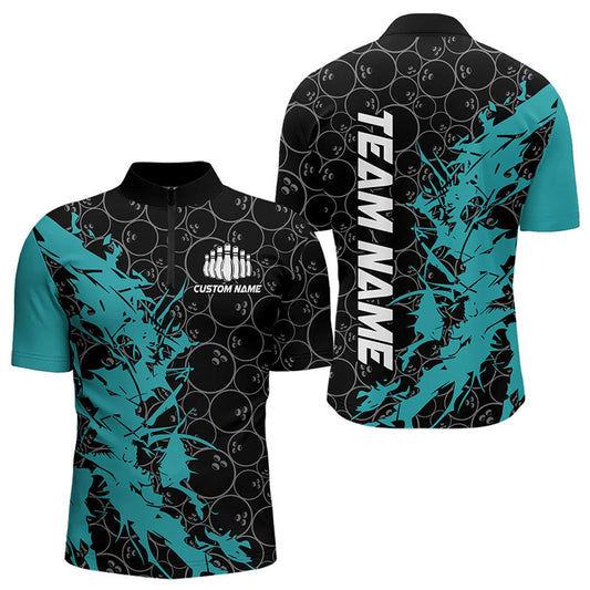 Black And Blue Custom Bowling Tournament Quarter-Zip Shirts For Men, Bowling Pattern Team Jerseys IPHW8420