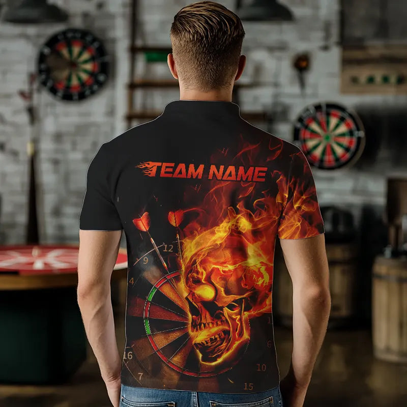 Custom Black And Orange Flame Skull Dart Polo Shirts For Men, Fire Dart Team Shirts IPHW8431