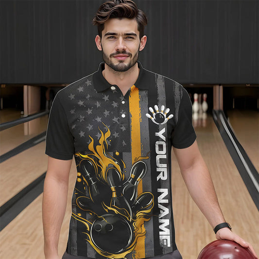 Yellow Line American Flag Custom Patriotic Flame Bowling Polo Shirts For Men, US Bowling Shirt IPHW8636